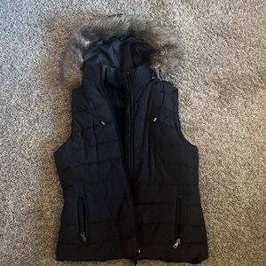Banana Republic Black Quilted Vest with Faux Fur